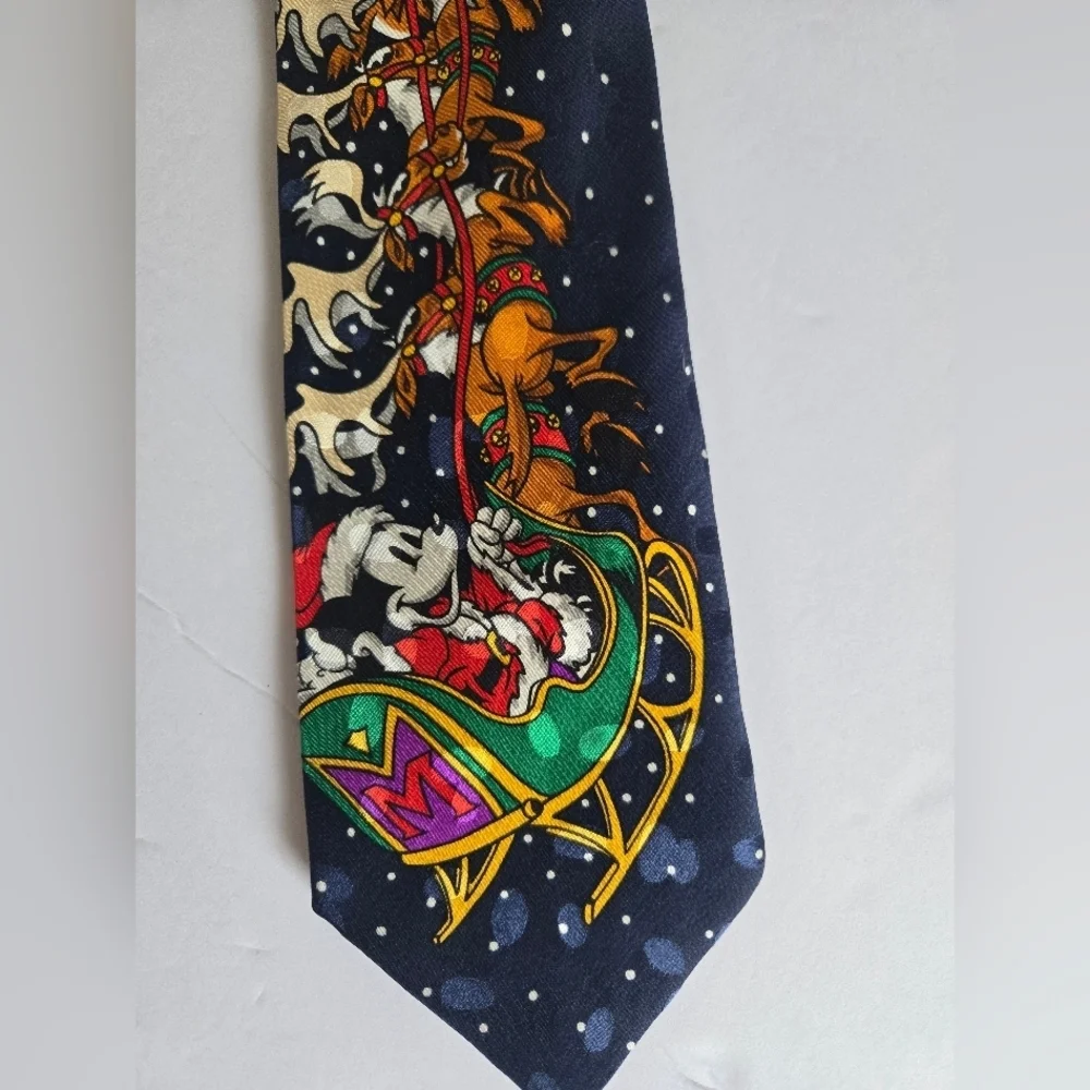 MICKEY Festive 100% Silk Blue Tie with Santa Sleigh Design